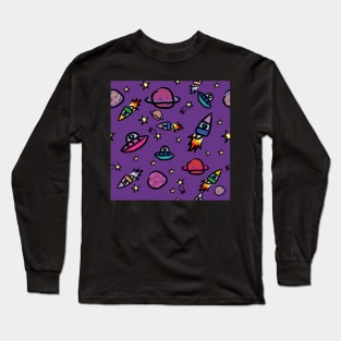 Cute Planets And Rocket Kids Pattern Seamless Long Sleeve T-Shirt